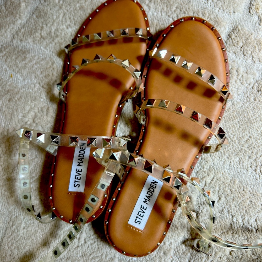 Tan, silver studded strappy sandals